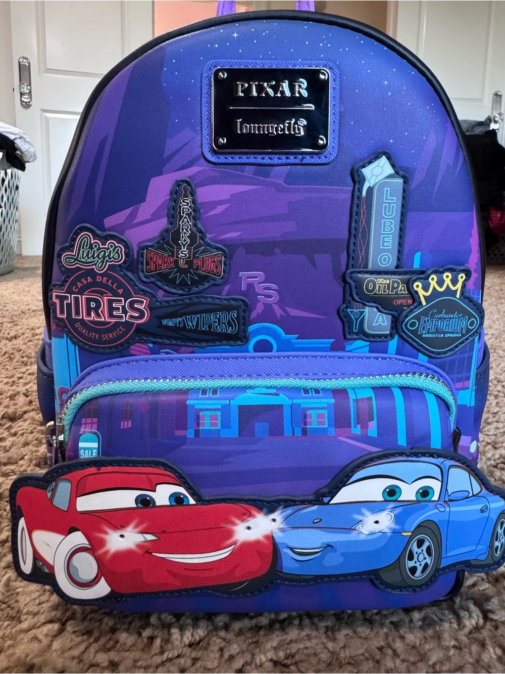 Loungefly Purple Pixar Cars Mini Backpack with Red & Blue Character Graphics